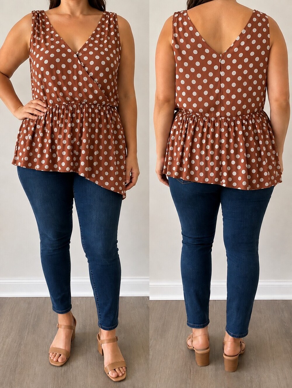 Soncy Sleeveless Blouse In A Soft Rust Brown With Off White Polka Dots. F